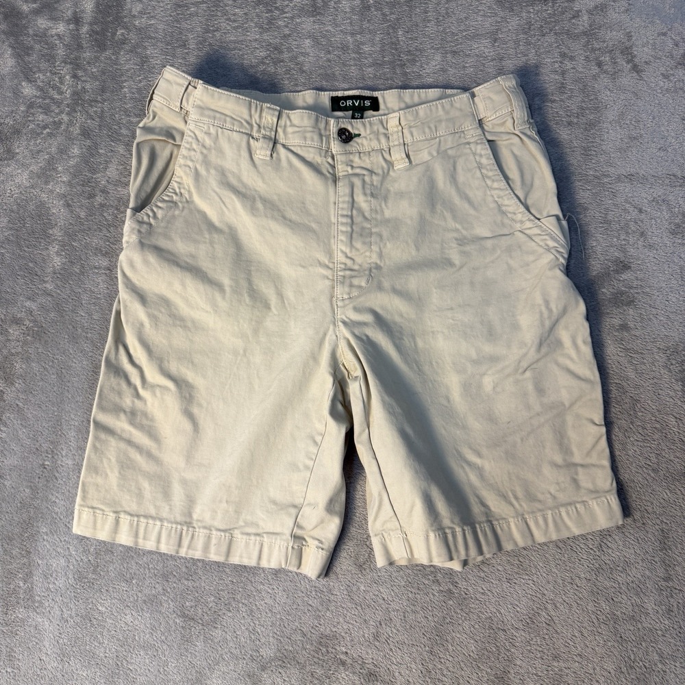 Orvis Mens Khaki Tan Flat Front Casual Cotton Blend Shorts Size 30